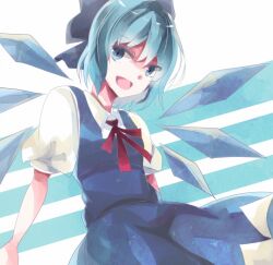 Rule 34 | 1girl, adapted costume, aridamikannn, blue bow, blue eyes, blue hair, blue skirt, blue vest, bow, breasts, cirno, collared shirt, cowboy shot, detached wings, diagonal stripes, hair bow, happy, head tilt, ice, ice wings, looking at another, medium hair, neck ribbon, open mouth, puffy sleeves, red ribbon, ribbon, shirt, simple background, skirt, skirt set, small breasts, solo, striped, striped background, touhou, vest, white background, white shirt, wings