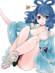 Rule 34 | 1girl, bandages, bandaged foot, blue eyes, blue hair, breasts, cleavage, feet, female focus, hair ornament, hair rings, hair stick, kaku seiga, kalanchoe xxxx, large breasts, no shoes, toe scrunch, toes, touhou