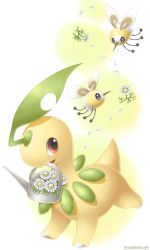 Rule 34 | bayleef, commentary request, creatures (company), cutiefly, flower, flying, game freak, gen 2 pokemon, gen 7 pokemon, highres, mouth hold, nintendo, no humans, open mouth, petals, pokemon, pokemon (creature), red eyes, sasabunecafe, smile, white flower