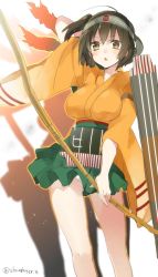 Rule 34 | 10s, 1girl, arm behind head, bow (weapon), breasts, brown eyes, brown hair, chestnut mouth, female focus, flight deck, green skirt, hairband, hakama, hakama short skirt, hakama skirt, hiryuu (kancolle), japanese clothes, kantai collection, large breasts, miniskirt, one side up, open mouth, panties, pantyshot, short hair, sino (sionori), skirt, solo, standing, twitter username, underwear, weapon