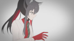 Rule 34 | 1girl, animal ear fluff, animal ears, arknights, bad id, bad pixiv id, black hair, black necktie, blurry, brown eyes, chihuri, closed mouth, collared shirt, diagonal-striped clothes, diagonal-striped necktie, diagonal-striped neckwear, gloves, gradient background, grey background, hair between eyes, highres, jacket, long hair, long sleeves, looking away, multicolored hair, necktie, open clothes, open jacket, ponytail, red gloves, red hair, red shirt, shirt, simple background, solo, striped clothes, striped necktie, striped neckwear, texas (arknights), two-tone hair, upper body, white jacket