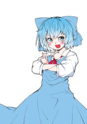 Rule 34 | &gt;:d, 1girl, :d, blue eyes, blue hair, blush, bow, cirno, crossed arms, dress, gradient hair, hair bow, hiro (h-net), looking at viewer, matching hair/eyes, multicolored hair, open mouth, short hair, smile, solo, touhou, v, v-shaped eyebrows