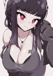 Rule 34 | 1girl, barcode, barcode tattoo, black bra, black dress, black hair, blunt bangs, blush, bra, breast tattoo, breasts, cardigan, cleavage, collarbone, d (killer wife) (nikke), d (nikke), dongtan dress, dress, goddess of victory: nikke, heart, heart necklace, highres, jewelry, large breasts, leaning forward, long hair, meme attire, necklace, official alternate costume, open cardigan, open clothes, red eyes, smile, solo, tattoo, underwear, yoonsun