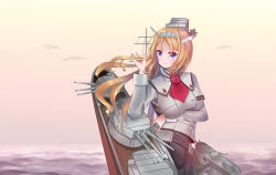 Rule 34 | 1girl, ascot, blonde hair, blue eyes, breasts, cannon, cowboy shot, flower, gradient sky, headgear, kantai collection, large breasts, long hair, long sleeves, looking at viewer, machinery, military, military uniform, nelson (kancolle), pencil skirt, red flower, red rose, rose, satsukikyo, skirt, sky, solo, turret, uniform