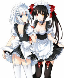Rule 34 | 10s, 2girls, alternate costume, apron, black hair, black legwear, blue eyes, bow, breasts, choker, cleavage, date a live, enmaided, from behind, garter straps, hair bow, hair ornament, hairclip, heterochromia, highres, long hair, looking at viewer, looking back, maid, multiple girls, scan, simple background, smile, thighhighs, tobiichi origami, tokisaki kurumi, tsunako, twintails, waist apron, white background, white hair, white legwear, yellow eyes