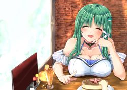 Rule 34 | 1girl, bare shoulders, blue bra, blush, bra, breast rest, breasts, breasts on table, brick wall, cleavage, collar, collarbone, commentary request, detached sleeves, closed eyes, food, frog hair ornament, fule, glass, green hair, hair between eyes, hair ornament, hand on own cheek, hand on own face, indoors, kochiya sanae, large breasts, lipstick, looking at viewer, makeup, open mouth, pancake, pointing, ribbon, sitting, solo, table, touhou, underwear, white ribbon