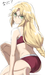 Rule 34 | 1girl, ass, bad id, bad twitter id, blonde hair, bra, braid, fate/apocrypha, fate/grand order, fate (series), from behind, glasses, green eyes, highres, long hair, looking at viewer, midriff, mordred (fate), panties, red bra, red panties, simple background, tonee, underwear, underwear only, white background