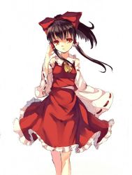 Rule 34 | 1girl, ascot, bad id, bad pixiv id, bare shoulders, bow, brown hair, detached sleeves, dress, female focus, graphite (medium), hair bow, hair tubes, hakurei reimu, japanese clothes, long hair, miko, mixed media, ponytail, red eyes, simple background, sketch, solo, touhou, traditional media, wind, yasumo (kuusouorbital)