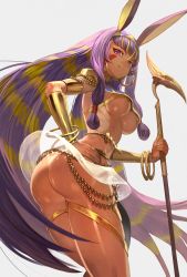 Rule 34 | 1girl, ass, bangle, blonde hair, bracelet, breasts, dark-skinned female, dark skin, earrings, egyptian, egyptian clothes, facial mark, fate/grand order, fate (series), hairband, highres, hoop earrings, jewelry, lack, long hair, medium breasts, multicolored hair, nitocris (fate), nitocris (third ascension) (fate), purple eyes, purple hair, see-through, see-through skirt, simple background, skirt, smile, solo, staff, two-tone hair, underboob, very long hair, white background, yellow eyes