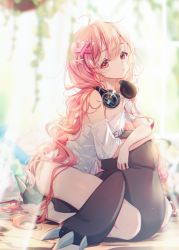 Rule 34 | 1girl, ahoge, blurry, blurry background, blurry foreground, closed mouth, clothes writing, clouble, commentary request, day, depth of field, hair between eyes, hair ornament, headphones, headphones around neck, long hair, looking at viewer, hugging object, off shoulder, pink hair, red: pride of eden, red eyes, seiza, shirt, short sleeves, sitting, solo, star (symbol), star hair ornament, stuffed animal, stuffed toy, sunlight, teddy bear, very long hair, white shirt