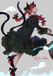 Rule 34 | 1girl, animal ears, black bow, bow, braid, cat ears, cat tail, dress, extra ears, floating hair, floral print, footwear bow, from behind, from below, full body, ghost, green dress, grey background, hair bow, high heels, highres, hitodama, juliet sleeves, k lun, kaenbyou rin, leg ribbon, long hair, long sleeves, looking at viewer, looking back, multiple tails, nekomata, pointy ears, profile, puffy sleeves, red eyes, red hair, ribbon, sideways glance, simple background, solo, tail, touhou, twin braids, twitter username, two tails, wheelbarrow