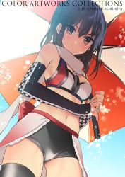 Rule 34 | 1girl, adapted costume, arm warmers, bare shoulders, black necktie, black shorts, black thighhighs, blush, breasts, brown eyes, brown hair, closed mouth, commentary request, cowboy shot, crop top, dated, frills, from below, hair between eyes, hair ornament, holding, holding umbrella, kantai collection, koruri, light particles, looking at viewer, midriff, navel, necktie, race queen, scarf, sendai (kancolle), sendai kai ni (kancolle), short necktie, short shorts, shorts, sleeveless, small breasts, solo, stomach, thighhighs, twitter username, two side up, umbrella, v-shaped eyebrows, white scarf