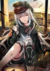 Rule 34 | 1girl, blue sky, blush, brown eyes, bullet, clothing cutout, cloud, coat, day, floating hair, g11 (girls&#039; frontline), girls&#039; frontline, green coat, grey shirt, hair between eyes, half-closed eyes, hand on own knee, hand up, hat, hirai yuzuki, indoors, jacket, knee pads, knees up, long hair, looking at viewer, off shoulder, open clothes, open mouth, red scarf, scarf, scarf on head, shirt, shorts, shoulder cutout, signature, silver hair, single knee pad, sitting, sky, sleeves past wrists, solo, sun, sunset, thigh strap, torn clothes, very long hair, wind