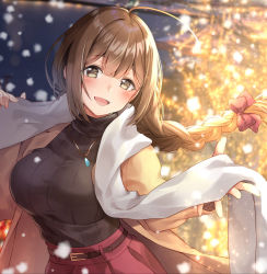 Rule 34 | 1girl, :d, ahoge, backlighting, belt, belt buckle, black sweater, blurry, blurry background, blush, bow, braid, breasts, brown coat, brown eyes, brown hair, buckle, coat, commentary request, depth of field, hair bow, highres, idolmaster, idolmaster shiny colors, jewelry, kuwayama chiyuki, large breasts, long hair, long sleeves, looking at viewer, necklace, open clothes, open coat, open mouth, outdoors, pendant, red bow, scarf, shio kouji (shiokojii), single braid, smile, snowing, solo, sweater, upper body, white scarf
