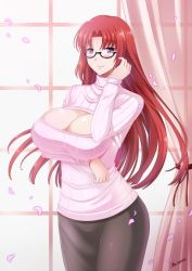Rule 34 | 1girl, breasts, cleavage, female focus, glasses, highres, indoors, large breasts, purple eyes, red hair, solo, standing, the-sinnerz