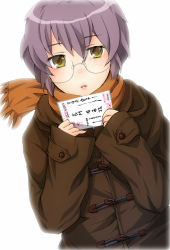 Rule 34 | 00s, 10s, 1girl, bad id, bad pixiv id, female focus, glasses, grey hair, nagato yuki, nao (doublexdutch), pinky out, postcard, scarf, short hair, solo, suzumiya haruhi no shoushitsu, suzumiya haruhi no yuuutsu, white background, yellow eyes