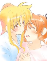 blonde_hair blush closed_eyes collarbone fate_testarossa hair_ribbon happy highres holding_hands kerorokjy long_hair lyrical_nanoha mahou_shoujo_lyrical_nanoha medium_hair open_mouth orange_hair red_eyes ribbon sketch smile takamachi_nanoha yuri