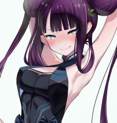Rule 34 | 1girl, armpits, arms up, black dress, blue eyes, blunt bangs, blush, breasts, china dress, chinese clothes, cleavage cutout, closed mouth, clothing cutout, cluseller, collarbone, cropped, double bun, dress, fate/grand order, fate (series), female focus, fur collar, grey background, hair bun, hair ornament, hair rings, half-closed eyes, happy, leaf hair ornament, long hair, looking at viewer, medium breasts, nose blush, purple hair, sideboob, simple background, sitting, sleeveless, sleeveless dress, smile, solo, twintails, upper body, yang guifei (fate), yang guifei (first ascension) (fate)