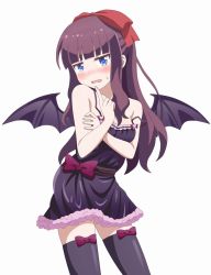 Rule 34 | 1girl, alternate costume, bare arms, bare shoulders, bat wings, black thighhighs, blue eyes, blunt bangs, blush, bow, cosplay, demon girl, embarrassed, hair bow, hair ribbon, hime cut, long hair, looking at viewer, new game!, purple hair, ribbon, shippo (shishizaru), simple background, solo, suzukaze aoba, sweatdrop, takimoto hifumi, thighhighs, white background, wings