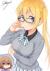Rule 34 | &gt;:), 2girls, absurdres, bespectacled, black-framed eyewear, blend s, blonde hair, blue eyes, bow, bowtie, breast hold, breasts, brown hair, chibi, closed mouth, doyagao, expressionless, glasses, gloom (expression), grsy sweater, hair between eyes, highres, hinata kaho, hoshikawa mafuyu, inset, jitome, large breasts, lips, long hair, long sleeves, looking at viewer, multiple girls, ochiai miyabi, plaid, plaid bow, plaid neckwear, plaid skirt, pleated skirt, purple eyes, shaded face, signature, simple background, skirt, smile, smug, sparkle, turn pale, twintails, upper body, v-shaped eyebrows, white background, white skirt, wing collar