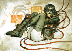 Rule 34 | 1girl, ass, boots, cable, cyborg, fingerless gloves, ghost in the shell, gloves, holding, holding cable, jacket, joints, knees to chest, kusanagi motoko, leotard, lips, miyazaki, plug, red eyes, robot joints, solo, technology, tube
