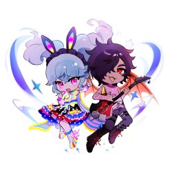 Rule 34 | 1boy, 1girl, :d, \m/, animal ear hairband, animal ears, arm up, belt, black belt, black footwear, blue hair, body markings, boots, chibi, dark-skinned male, dark skin, demon wings, drill hair, fake animal ears, full body, glowing clothes, grey pants, guitar, hair over one eye, hairband, highres, holding, holding guitar, holding instrument, holding microphone, idol clothes, idol land pripara, index finger raised, instrument, katasumi amari, knee boots, long hair, looking at viewer, mario (pripara), microphone, open mouth, pants, pink eyes, playing guitar, polka dot, polka dot skirt, pretty series, pripara, rabbit ear hairband, rabbit ears, red eyes, red wings, shoes, short hair, skirt, smile, sparkle, standing, swirl, tongue, tongue out, topless male, twin drills, twintails, white background, wings, zhou (suzusuz57561619)