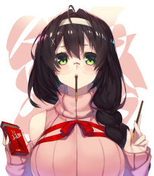 Rule 34 | 1girl, absurdres, black hair, blush, braid, breasts, food, glasses, green eyes, hair between eyes, hair ornament, hair over shoulder, hairband, hands up, highres, holding, holding food, jam (nandade), large breasts, long hair, looking at viewer, mouth hold, original, pink sweater, pocky, pocky day, red ribbon, ribbed sweater, ribbon, rimless eyewear, round eyewear, side braid, sleeves past wrists, solo, sweater, tareme, teeth, turtleneck, turtleneck sweater, upper body, x hair ornament