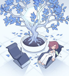 Rule 34 | 1girl, blue leaf, blush, brown hair, chair, cube, closed eyes, glowing, knife, long sleeves, off-shoulder shirt, off shoulder, original, pants, plant, potted plant, shirt, short hair, single wing, sleeping, solo, syringe, tree, white pants, white shirt, wide shot, wings, yamori 511