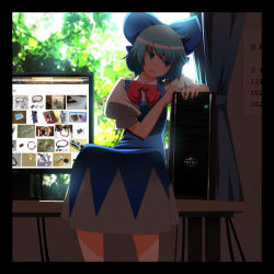 Rule 34 | 1girl, bad id, bad pixiv id, blue dress, blue eyes, blue hair, border, bow, bowtie, calendar, calendar (object), cirno, colored eyelashes, commentary, computer, curtains, dress, google, google chrome, hair between eyes, hair bow, highres, kasuteru, looking away, matching hair/eyes, monitor, mundane utility, on table, open mouth, sitting, solo, table, touhou, window