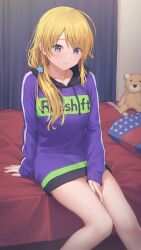 Rule 34 | 1girl, ahoge, american flag, american flag print, arm support, between legs, blonde hair, blue eyes, blush, breasts, closed mouth, clothes writing, collarbone, curtains, flag print, hachimiya meguru, hair ornament, hair over shoulder, hand between legs, highres, hood, hood down, hoodie, idolmaster, idolmaster shiny colors, indoors, large breasts, long hair, looking at viewer, low twintails, mikazuchi zeus, on bed, pillow, purple hoodie, sitting, solo, star (symbol), star hair ornament, stuffed animal, stuffed toy, teddy bear, twintails
