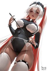 Rule 34 | 1girl, ahoge, black leotard, black nails, blush, breasts, cameltoe, cowboy shot, dark-skinned female, dark skin, dated, detached sleeves, fingernails, foreshortening, garter belt, gluteal fold, hair between eyes, highleg, highleg leotard, highres, holding, holding riding crop, large breasts, leotard, lone nape hair, long fingernails, long hair, looking at viewer, multicolored hair, nail polish, open mouth, original, red eyes, red hair, riding crop, sidelocks, signature, skindentation, slit pupils, solo, spikes, streaked hair, tacco (tikeworld), thigh strap, thighhighs, thighs, twintails, two-tone hair, very long hair, white garter belt, white hair, white thighhighs