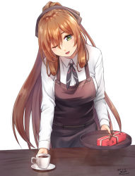 Rule 34 | 1girl, alternate costume, apron, bow, box, breasts, brown hair, commentary request, cup, dated, dress shirt, gift, gift box, girls&#039; frontline, green eyes, hair between eyes, hair ribbon, hair rings, head tilt, holding, holding saucer, holding tray, leaning forward, long hair, long sleeves, looking at viewer, medium breasts, neckerchief, one eye closed, open mouth, ponytail, ribbon, sarasa (kanbi), saucer, shirt, sidelocks, signature, solo, springfield (girls&#039; frontline), striped neckerchief, striped neckwear, table, teacup, tray, upper body, valentine, very long hair, waitress, white shirt