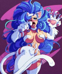 Rule 34 | 1girl, animal ears, bare shoulders, benbeau, blue eyes, blue hair, blush, breasts, cat ears, cat tail, crying, felicia (vampire), highres, long hair, looking back, matching hair/eyes, medium breasts, monster girl, muscular, muscular female, open mouth, purple background, simple background, solo, tail, teeth, tongue, upper teeth only, vampire (game)