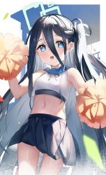 1girl :o absurdres aris_(blue_archive) bare_shoulders black_hair black_ribbon black_skirt blue_archive blue_eyes blush cheerleader cowboy_shot crop_top derby_(dabidabi) hair_between_eyes hair_ribbon highres holding holding_pom_poms long_hair long_hair_between_eyes looking_at_viewer midriff miniskirt navel one_side_up pleated_skirt pom_pom_(cheerleading) pom_poms ribbon skirt solo stomach very_long_hair