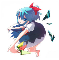 Rule 34 | :p, barefoot, blue eyes, blue hair, blue vert, cirno, foreshortening, popsicle, ribbon, tongue, tongue out, touhou, watermelon bar, wings