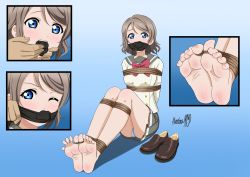 Rule 34 | 1girl, absurdres, arms behind back, artist request, barefoot, bdsm, blue eyes, blush, body blush, bondage, bound, bound ankles, bound toes, breast bondage, breasts, cloth gag, foot focus, gag, gagged, gagging, grey hair, highres, improvised gag, legs, love live!, love live! sunshine!!, miniskirt, mouth stuffed, one eye closed, over the mouth gag, panties, rope, school uniform, sitting, skirt, teeth, toenails, toes, underwear, upper teeth only, watanabe you