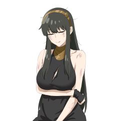 Rule 34 | 1girl, arm under breasts, bare shoulders, black dress, black gloves, black hair, breasts, bruise, bruise on face, closed eyes, closed mouth, commentary request, dress, fingerless gloves, gloves, gold hairband, hairband, highres, injury, large breasts, long hair, messy hair, mitsugu, official alternate costume, sidelocks, sleeveless, sleeveless dress, smile, solo, spy x family, torn clothes, torn dress, upper body, white background, yor briar