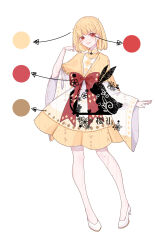 Rule 34 | 1girl, absurdres, arrow (symbol), artist request, bare legs, blonde hair, bow, bowtie, capelet, choker, closed mouth, color guide, diamond print, dress, full body, hand in own hair, high collar, high heels, highres, knees, lipstick, long sleeves, looking at viewer, makeup, original, pink lips, pleated skirt, rabbit, red bow, red bowtie, red eyes, second-party source, short dress, short hair, simple background, skirt, smile, solo, standing, tachi-e, watermark, white background, white choker, white dress, white footwear, wide sleeves, yellow capelet, yellow collar