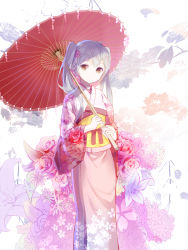 Rule 34 | 1girl, absurdres, flower, hatsune miku, highres, japanese clothes, kimono, oil-paper umbrella, solo, twintails, umbrella, vocaloid, x-red flower