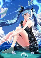 Rule 34 | 1girl, absurdres, ahoge, bad id, bad pixiv id, barefoot, black bow, black dress, blue eyes, blue hair, blue sky, bow, breasts, closed mouth, cloud, collarbone, commentary, dress, fish, floating hair, hair bow, hatsune miku, highres, itogari, long hair, looking at viewer, partially submerged, shinkai shoujo (vocaloid), short dress, sideboob, sitting, sky, sleeveless, sleeveless dress, small breasts, smile, solo, twintails, very long hair, vocaloid, water