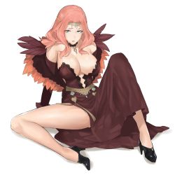 Rule 34 | 1girl, arm support, bare shoulders, belt, black footwear, blue eyes, breasts, brown dress, center opening, circlet, cleavage, cornelia arnim, dress, feathers, fire emblem, fire emblem: three houses, forehead jewel, high heels, highres, j@ck, large breasts, long hair, looking at viewer, mature female, nintendo, pink hair, shoes, side slit, simple background, sitting, solo, spread legs, white background