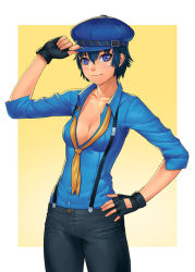 Rule 34 | 1girl, blue hair, breasts, cleavage, fingerless gloves, gloves, hat, lasterk, looking at viewer, loose necktie, necktie, persona, persona 4, persona 4: dancing all night, persona dancing, shirogane naoto, short hair, small breasts, smile, solo, suspenders