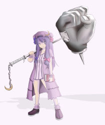 Rule 34 | 1girl, ao usagi, book, bow, chain, clenched hand, crescent, crescent moon, dress, female focus, hair bow, hat, long hair, moon, no nose, patchouli knowledge, purple eyes, purple hair, short dress, smile, solo, touhou, weapon, wrist cuffs