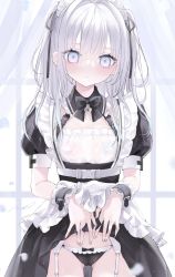Rule 34 | 1girl, apron, bad id, bad twitter id, blush, bow, bow panties, clothes lift, commentary request, cowboy shot, curtains, dress, dress lift, fingernails, frills, garter straps, gluteal fold, grey eyes, highres, long fingernails, long hair, looking at viewer, maid, mashiro shiki, original, panties, pasties, puffy short sleeves, puffy sleeves, see-through, short sleeves, signature, silver hair, solo, standing, two side up, underwear, waist apron, wrist cuffs