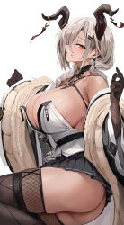 Rule 34 | 1girl, absurdres, ass, azur lane, bare shoulders, black gloves, black horns, black skirt, black thighhighs, blush, braid, breasts, chela77, commentary, dark-skinned female, dark skin, earrings, english commentary, from side, gloves, hair ornament, hair over one eye, hairclip, hands up, highres, horn ornament, horns, jewelry, large breasts, long hair, miniskirt, mole, mole under mouth, one eye covered, owari (azur lane), parted lips, pleated skirt, sideways glance, simple background, skirt, smile, solo, thighhighs, thighs, twin braids, white background, wide sleeves, yellow eyes