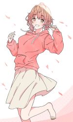 Rule 34 | bare legs, barefoot, blush, cherry blossoms, falling petals, fingernails, foot out of frame, highres, hood, hoodie, hydac, idolmaster, idolmaster shiny colors, ikuta haruki, long sleeves, looking at viewer, petals, pink hair, pink hoodie, short twintails, skirt, smile, standing, standing on one leg, toenails, toes, twintails, white skirt