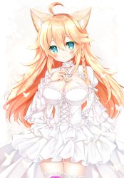 Rule 34 | 1girl, ahoge, animal ear fluff, animal ears, blonde hair, blush, breasts, cat ears, cleavage, closed mouth, commentary request, commission, cross, dress, frilled thighhighs, frills, green eyes, hair between eyes, hand up, highres, juliet sleeves, latin cross, layered dress, long hair, long sleeves, looking at viewer, medium breasts, original, pleated dress, puffy sleeves, shikito (yawa0w0), skeb commission, sleeves past wrists, smile, solo, thighhighs, very long hair, white dress, white thighhighs