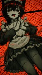 Rule 34 | 1girl, animal ears, apron, cat ears, chain-link fence, chikyuu no ura (cevio), crossed bangs, dress, fangs, fence, frilled apron, frilled dress, frills, from below, greyscale, hair over shoulder, half-closed eyes, head tilt, highres, long sleeves, looking at viewer, maid, maid apron, maid headdress, medium hair, monochrome, own hands together, raised eyebrows, red background, red theme, solid eyes, solo, spot color, steepled fingers, suuno kamibukuro, thighhighs, tongue, tongue out, underskirt