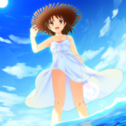 Rule 34 | 1girl, bad id, bad pixiv id, brown eyes, brown hair, day, dress, from below, hat, hirasawa ui, k-on!, outou (yuiyu), solo, straw hat, sundress, wading, water