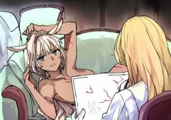 Rule 34 | 1boy, 1girl, blonde hair, blue eyes, body markings, caenis (fate), chair, commentary, convenient censoring, couch, dark-skinned female, dark skin, drawing, fate (series), formal, gloves, hair intakes, kirschtaria wodime, long hair, modeling, nude, nude modeling, on couch, paper, pencil, reclining, scene reference, sitting, suit, titanic (movie), tsengyun, white gloves, white hair, white suit